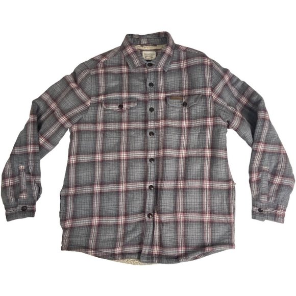 Field & Stream Men's Sherpa Fleece Coat Button Plaid M Grey Gray Red 100% Cotton - Picture 1 of 7